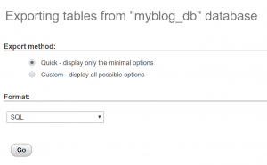Export a database - Default settings